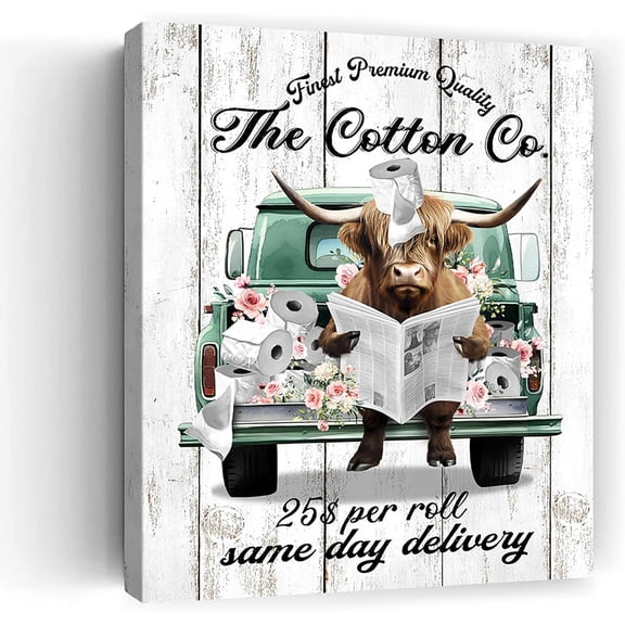 Aaheei Funny Highland Cattle Bathroom Wall Art Print, Vintage Rustic Funny Highland Cow Reading Newspaper Canvas Art For Bathroom Toilet Decor, Farmhouse Wall Decor