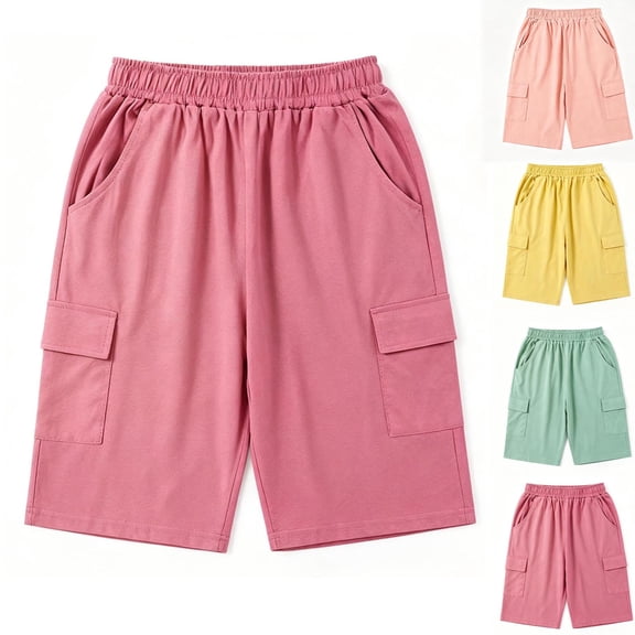 Loopsun Kids Girls Capris 5 to 13 Years Solid Thin Summer Multi Pockets Casual Cargo Shorts