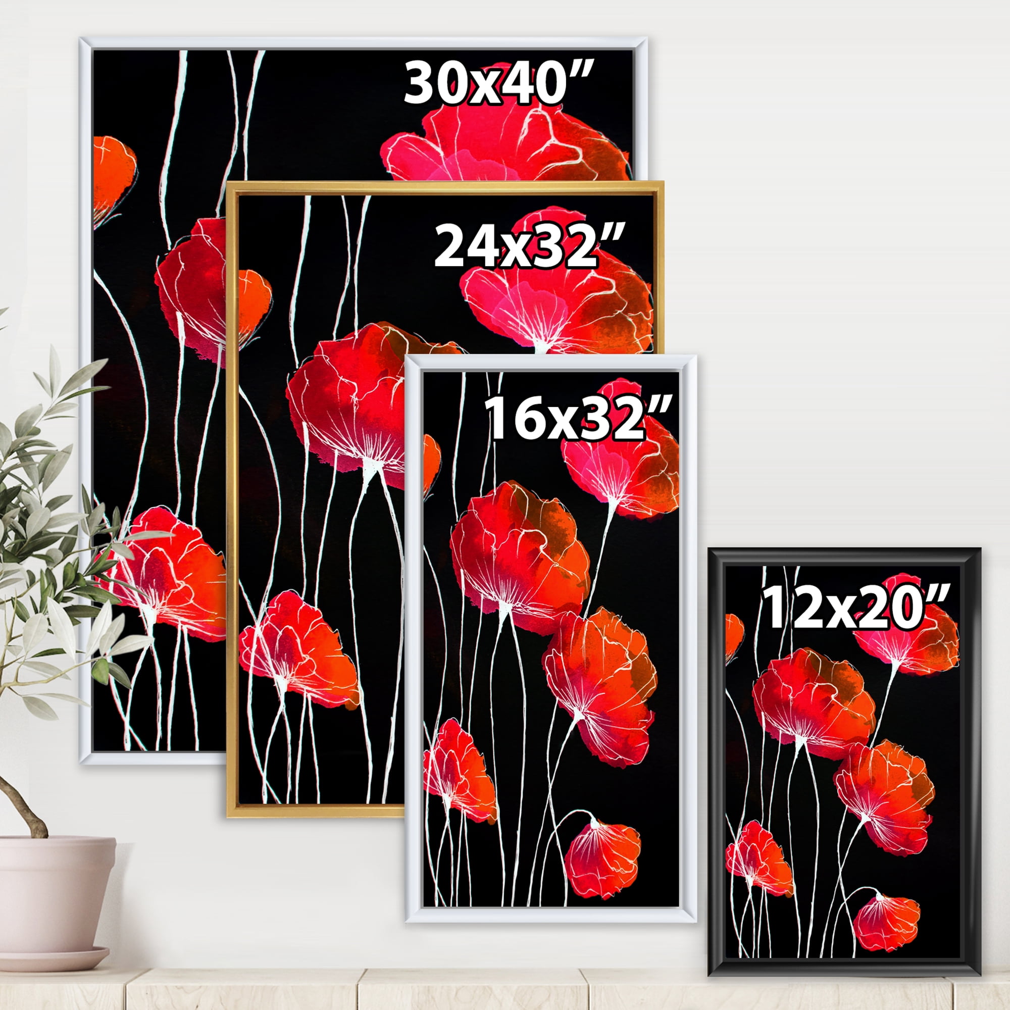 Designart 'Abstract Red Flower Detail On Black Background II' Traditional Framed Canvas Wall Art Print