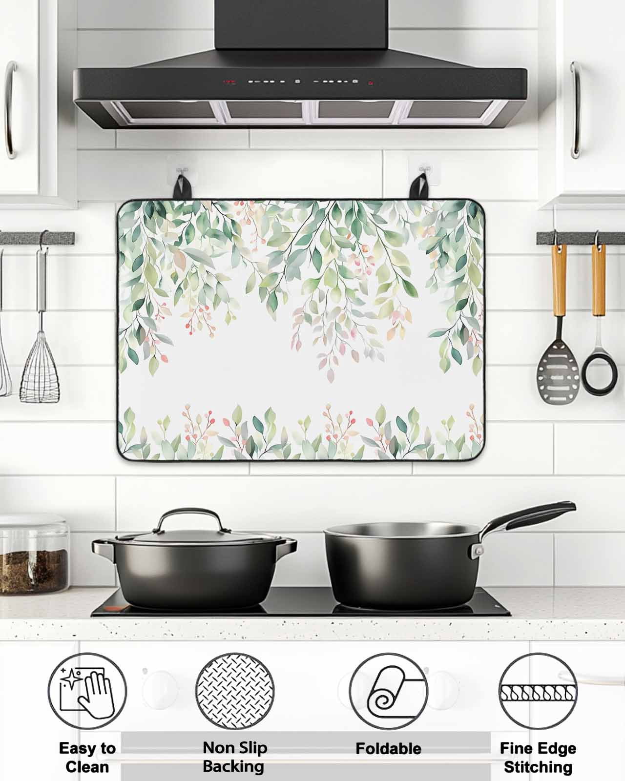 Stove Top Covers for Electric Stove, Green Botanical Glass Stovetop Cover Protector, Watercolor Floral Spring Eucalyptus Leaves Induction Cooktop Protector Oven Mat for Kitchen Countertop 24"x21"