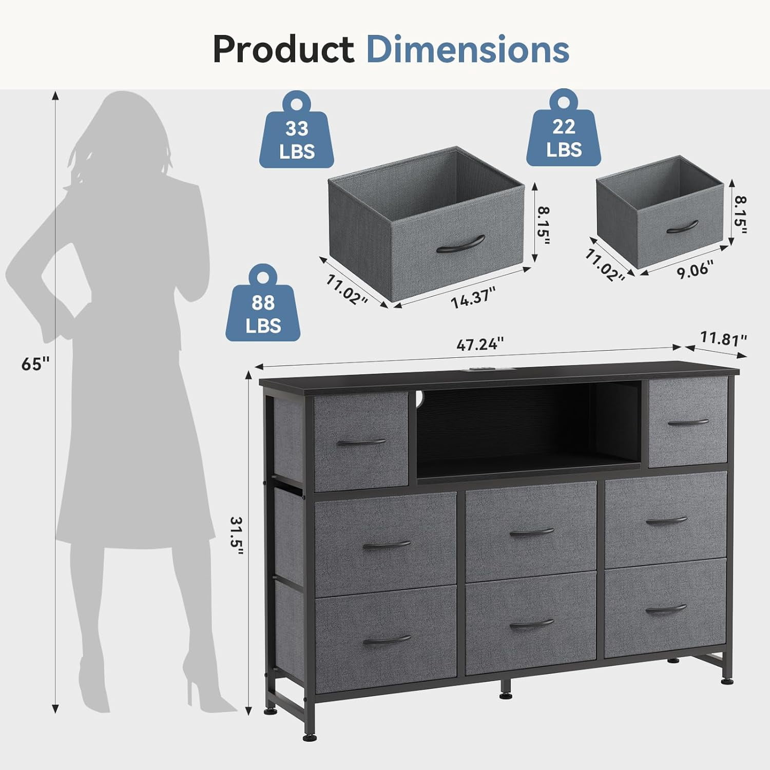 LED TV Stand for 50/55 inch TV, Dresser with 8 Fabric Drawers, Entertainment Center with Open Storage Shelves & Power Outlet, Tall Storage Chest for Bedroom, Living Room, Gray
