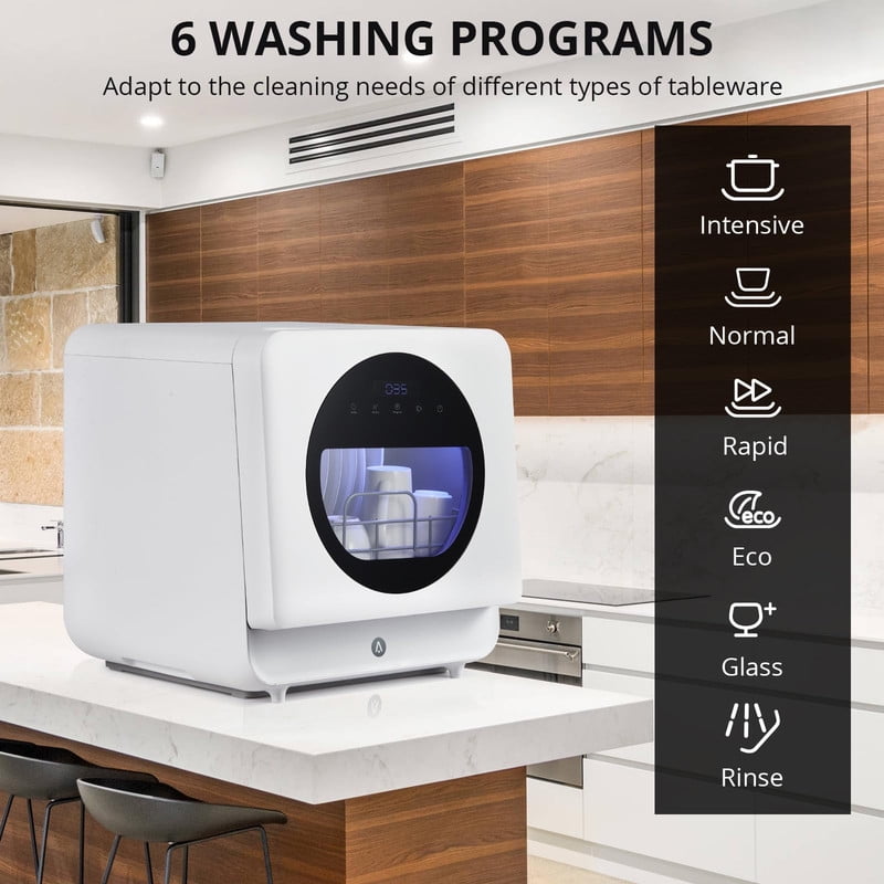 Towallmark 6 Washing Programs, Portable Countertop Dishwasher, Mini Dishwasher with 3 Spray Arms, 2 Water Inlet Methods, High Temperature Drying, Touch Control for Home Apartments RVs