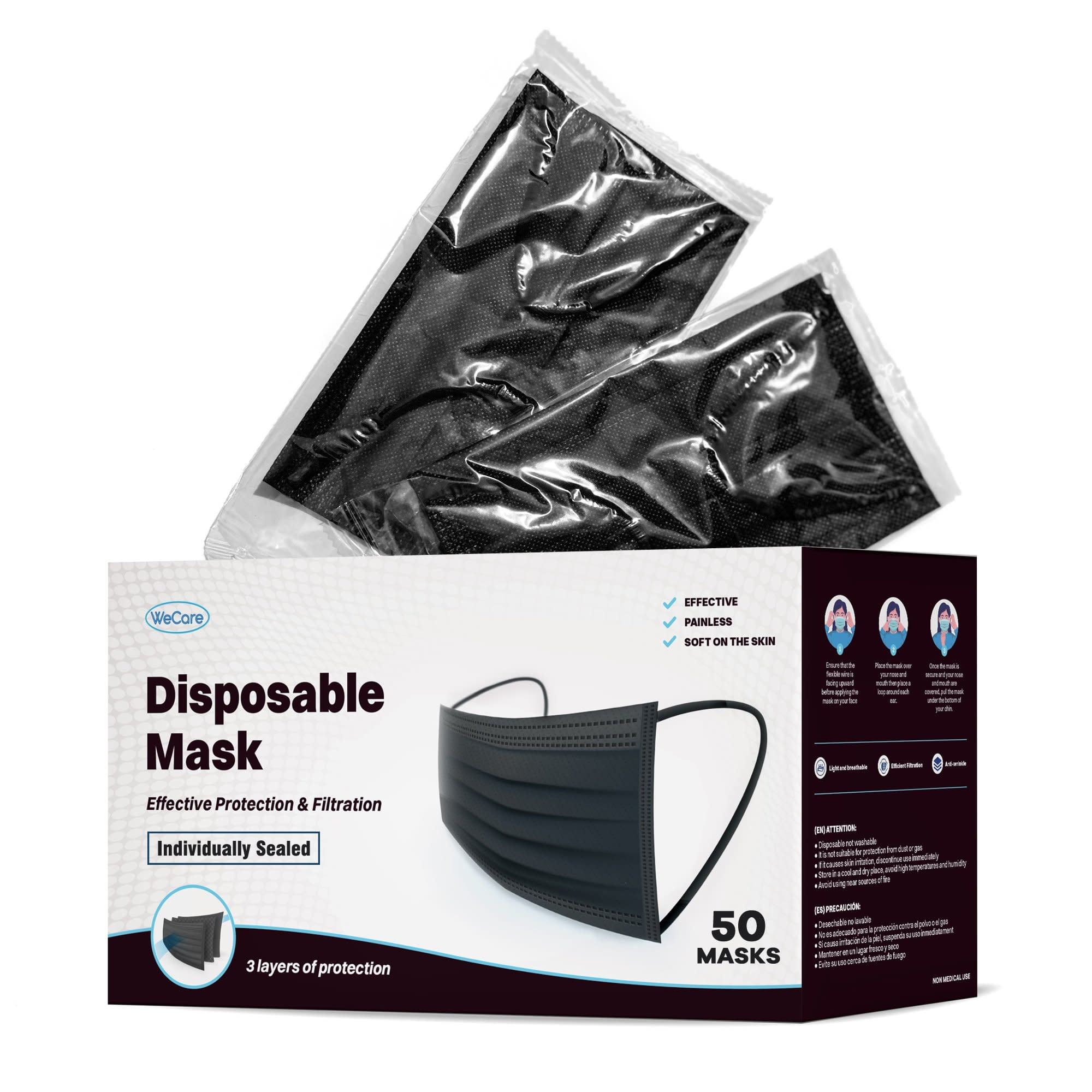 (40 Pack) Disposable Face Masks 3-Ply Individually Wrapped , 50ct - Black