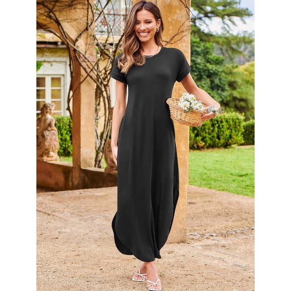 ANRABESS Womens Summer Dress Short Sleeve Maxi T Shirt Dress Loose Casual Beach Sundress with Pockets Side Slit