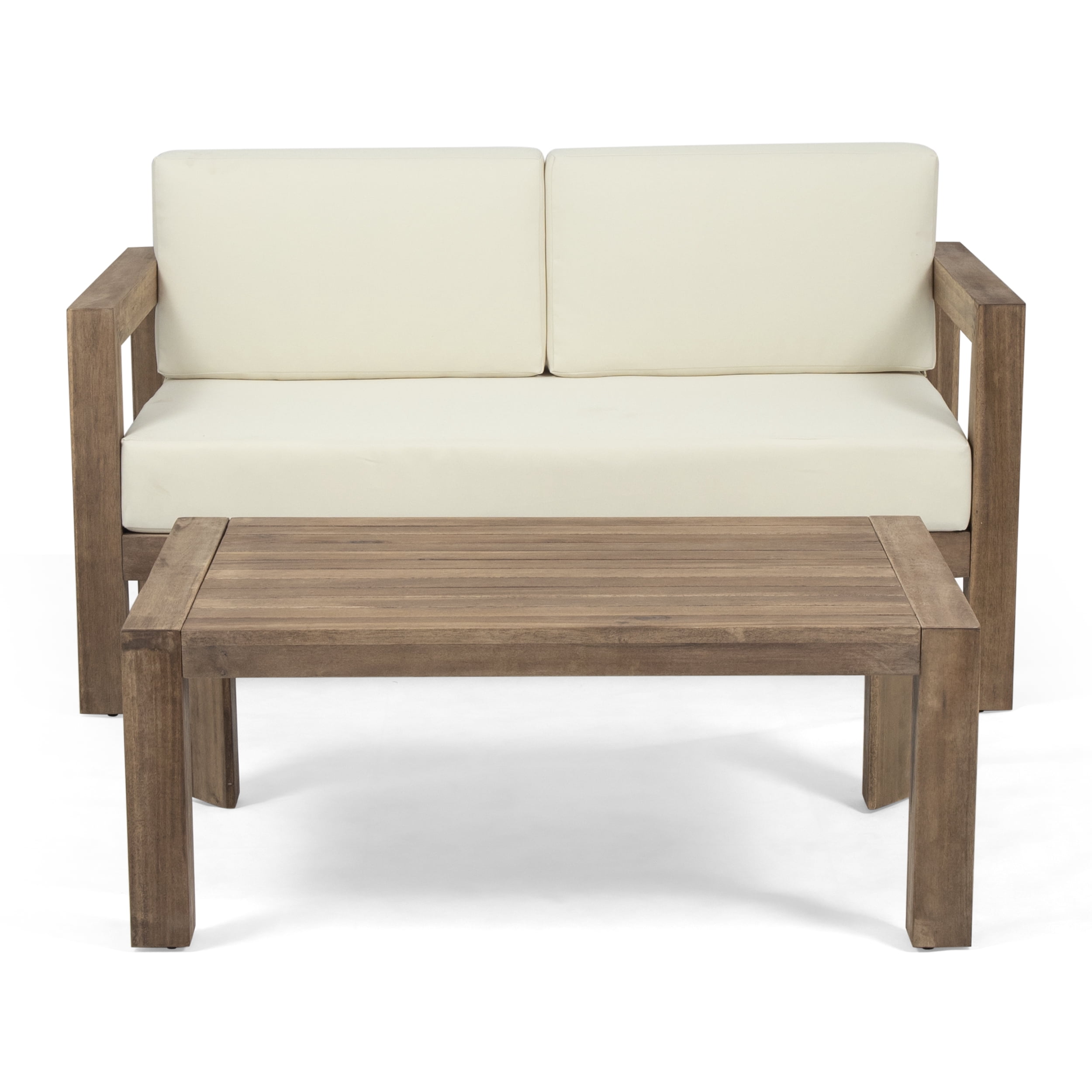 Euroco Modern Outdoor Loveseat and Coffee Table Set, Acacia Wood Frame with Water-Resistant Cushions, Open Slat Design, Natural Finish