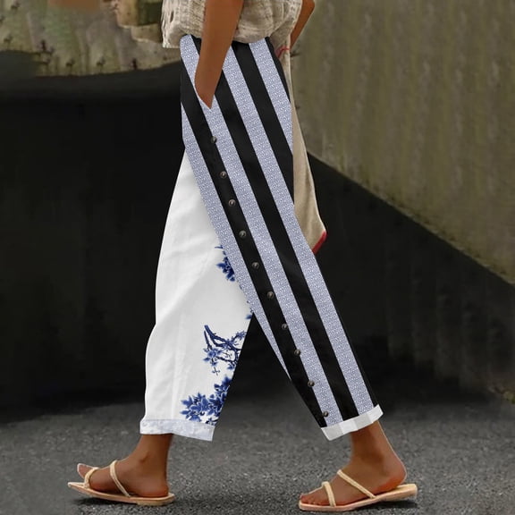 Black Women's Casual Pants, Women'S Elastic Belt With Pocket Trousers Side Cropped Pants Loose Casual Pants Printed Straight Pants,Women's Casual Pants S