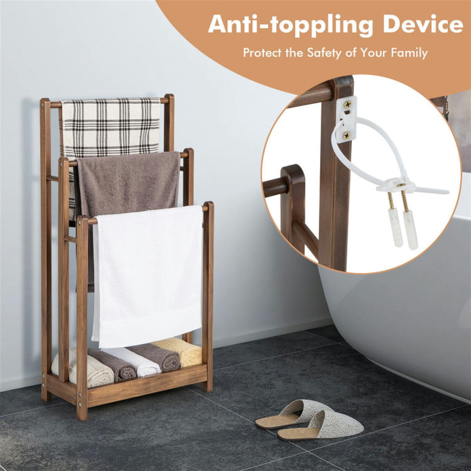 Demi Bonn Free Standing Towel Rack for Bathroom, 3-Bar Blanket Rack with Bottom Storage Shelf, Blanket Holder, Drying and Display Rack, Brown