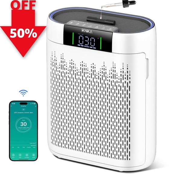 KNKA Air Purifier, HEPA Air Purifiers for Large Rooms up to 2500 Sq. ft., Air Cleaner with Air Quality Monitor, Smart WiFi, and Aromatherapy, for Allergies, Pets, Odors, Dust, Pollen, and Smoke