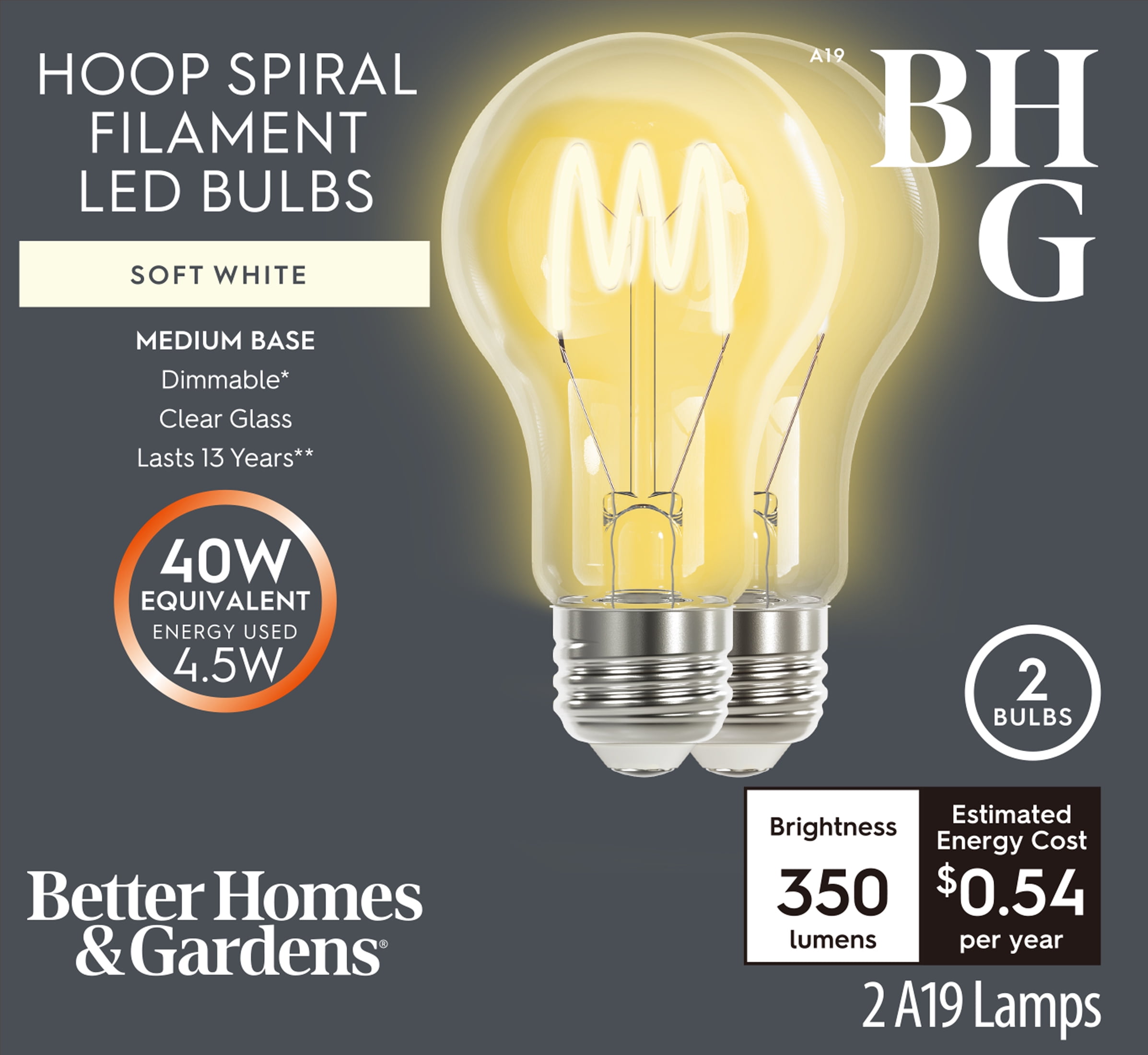 (2 pack) Better Homes & Gardens A19 LED Vintage Bulb 4.5W (40W Equivalent) Amber Glass E26 Dimmable 2-Pack