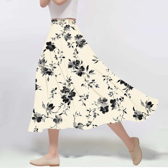 Womens Skirt Floral Print A-Line Elastic Waist Flowy Casual Skirt Black L