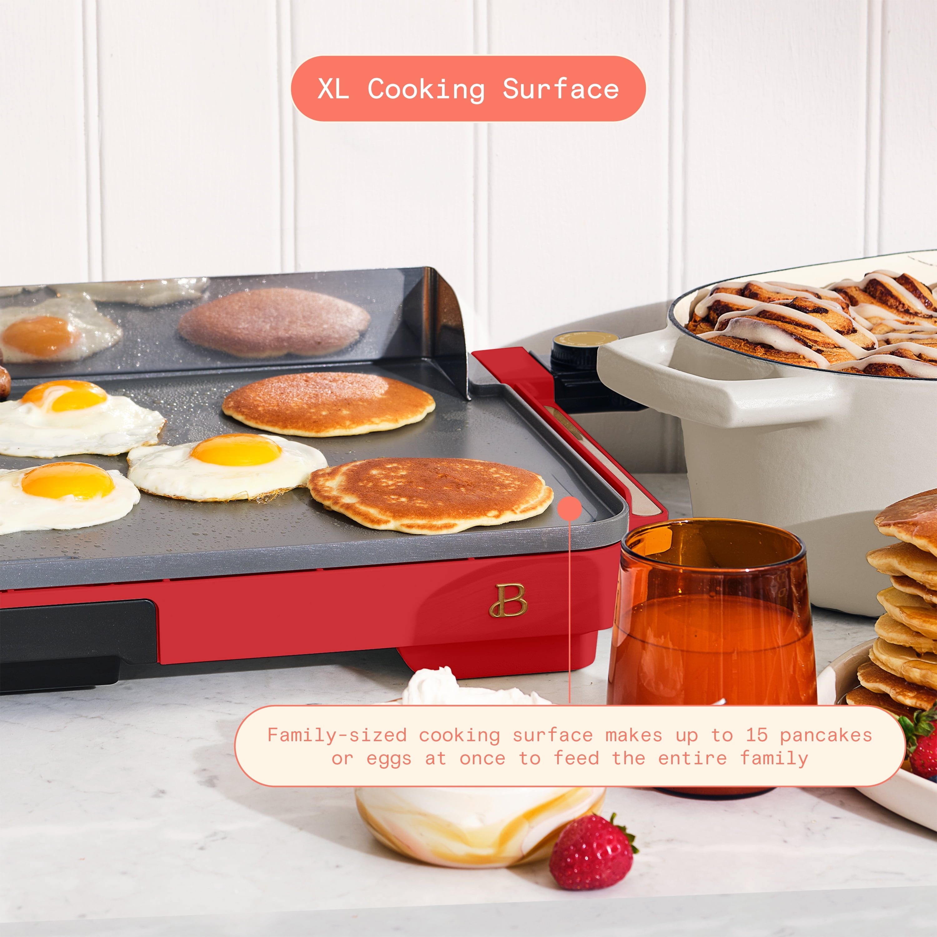 Beautiful XL Electric Griddle 12" x 22" with EverGood Non-Toxic Ceramic Nonstick Coating, Tomato Red by Drew Barrymore