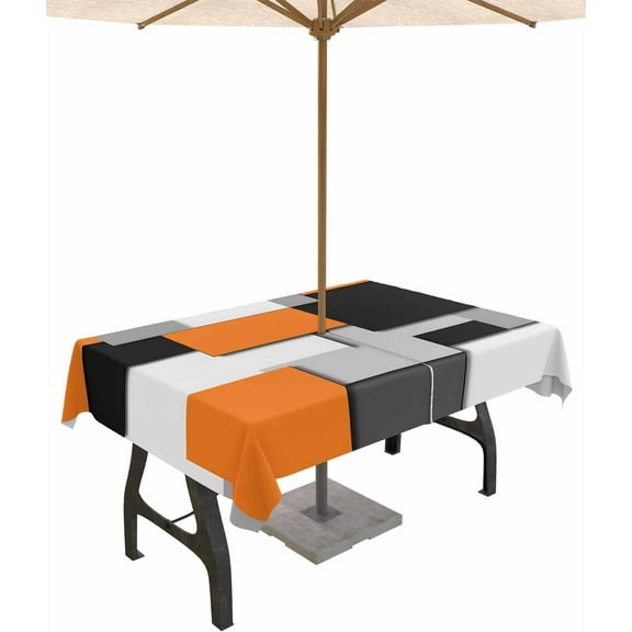 Outdoor Rectangle Tablecloth with Umbrella Hole and Zipper, Orange Grey Black Geometric Waterproof Table Cover, Modern Abstract Art Washable Patio Tablecloths for Party Picnic, 60"x84"