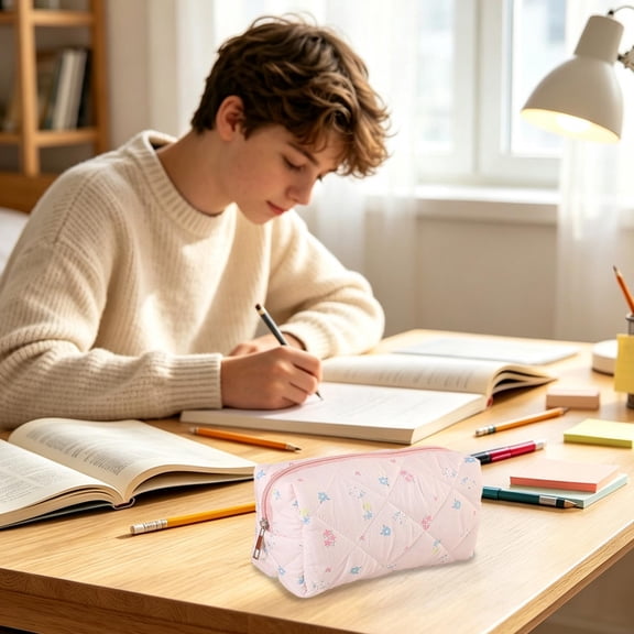 Hyknon Aesthetic Pencil Case, Quilted Floral Pencil Pouch with Zipper, Cute Zipper Pencil Bag for Office Classroom Stationery Storage Supplies