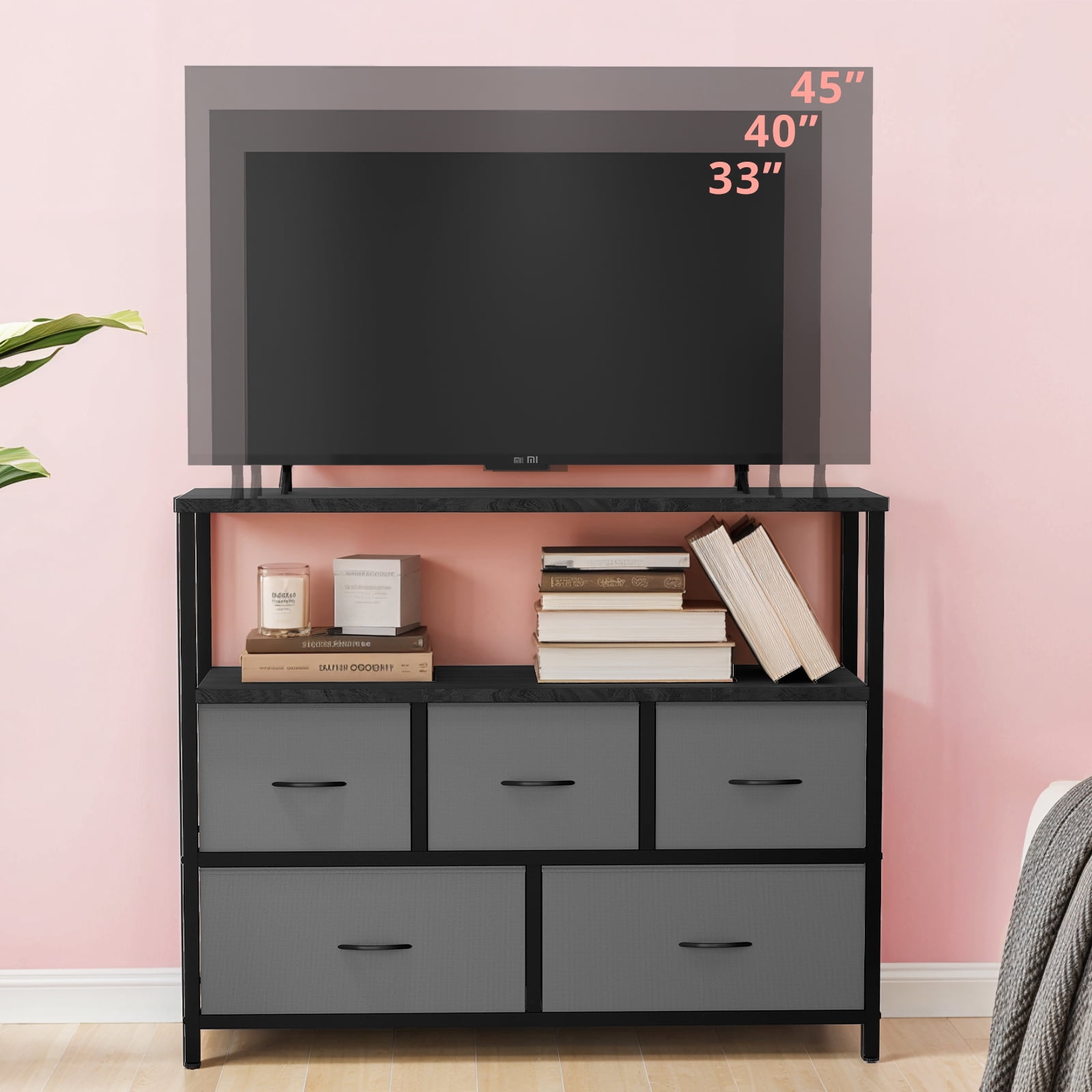TV Stand, Gray Dresser TV Stand for Bedroom, Entertainment Center for 45 Inch TV with Drawers, Fabric, Adjustable Feet, Living Room