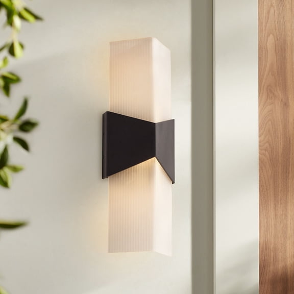 Possini Euro Design Tux 18" High Modern Outdoor Wall Light Fixture Mount Porch House LED Bulb Black Aluminum White Glass Shade