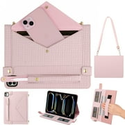 Dteck Case for iPad Pro 12.9 Case 6th/5th/4th/3rd Generation 2022/2021/2020/2018, iPad Air 13" 2024 Slim Protective Case with Pencil Holder Envelope Pocket Hand Strap Holder Crossbody iPad Case,Pink