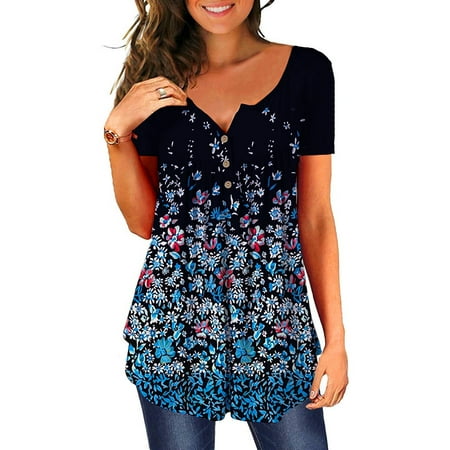

SBYOJLPB Women s waist Women s V- Neck Floral Printed Tunic Tops Buttons Short Sleeve Loose Blouse Blue 6(M)