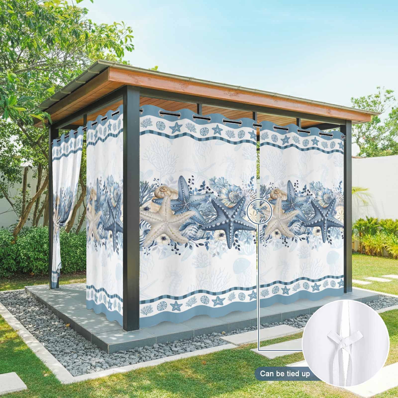 Blue Starfish Coastal Outdoor Curtains for Patio, Ocean Beach Coral Nautical Botanical Sunshade Privacy Drapes Grommet Waterproof Outside Curtains for Porch/Cabana/Balcony 54"x 108", 1 Panel
