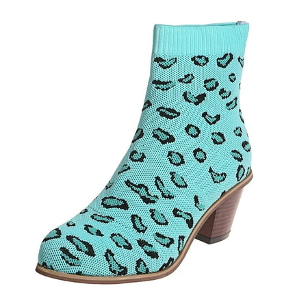 

Women Walking Shoes Ladies Fashion Sexy Leopard Print Breathable Knitted Elastic Boots Chunky High Heel Booties Ankle Boots for Women Knit Green