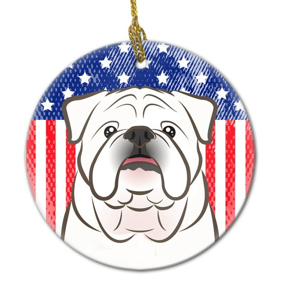 American Flag and White English Bulldog Ceramic Ornament