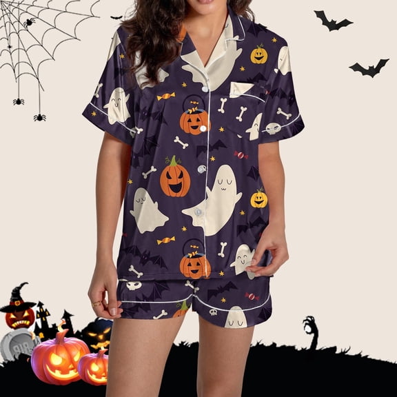 Halloween Under $ 15 Women Pajama Sets Womens Button Down Top and Shorts Set Graphic Pajama Loungewear Purple Pajama