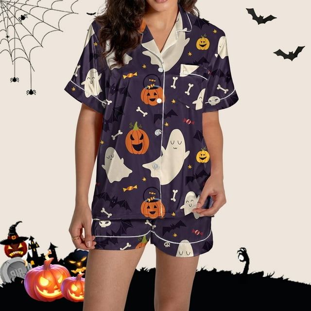 Pyjama Femme Graphique Imprimé Satin Mignon Vêtements de Nuit Boutons Manches Courtes Hauts Shorts Ensembles