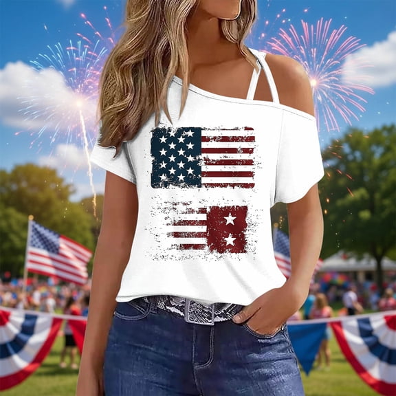 Karymi Womens Workout Tops 4th of July Asymmetrical Cold Shoulder Short Sleeve T‑Shirt, Casual Summer Top Patriotic Independence Day Print Going Out Tops for Women