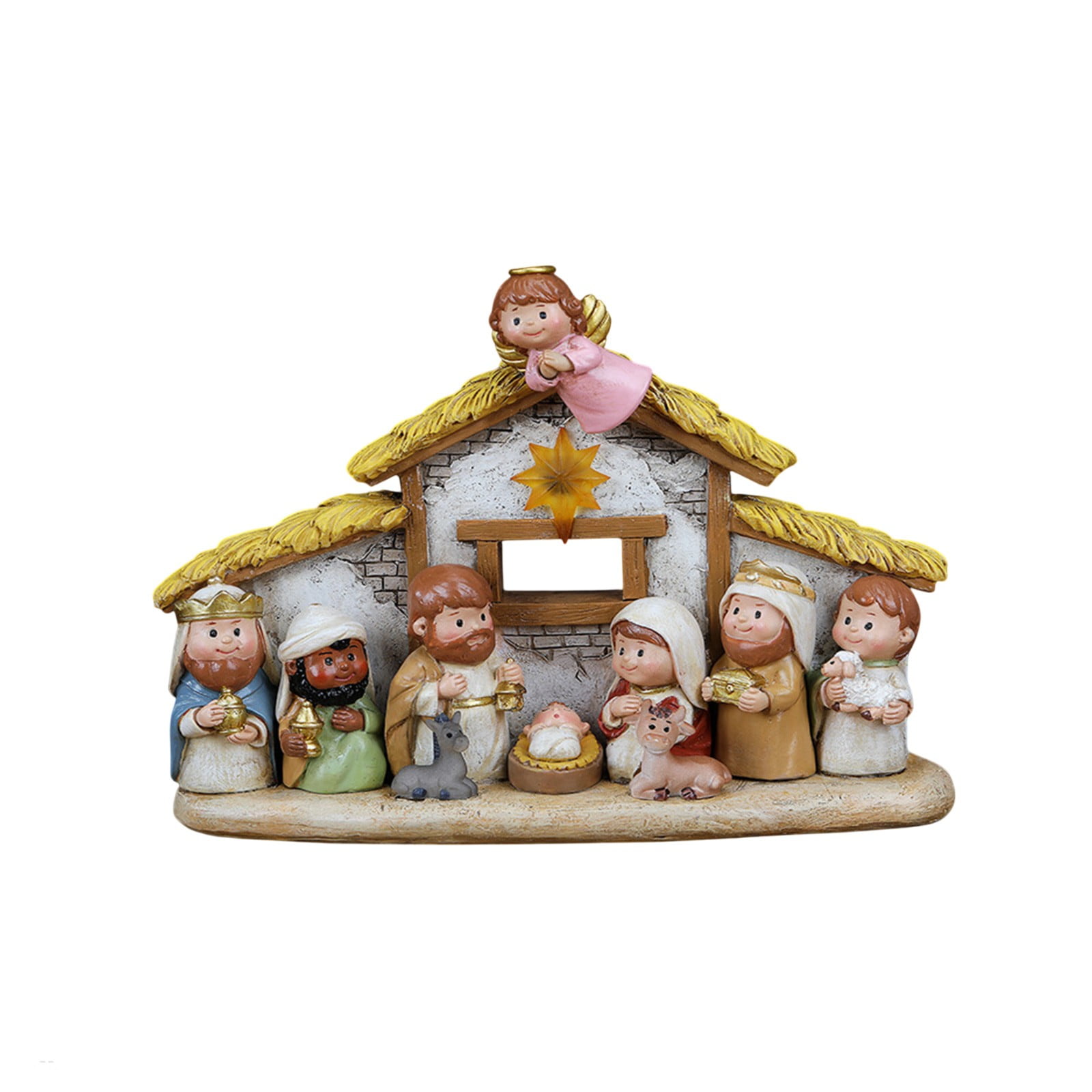 Christmas Nativity Set with LED Light,Mini Little People Nativity Scene-Hand Painted Manger Figurines with Baby Jesus,Religious Indoor Tabletop Decor,Christian Nativity Story Figures for Easter Gifts