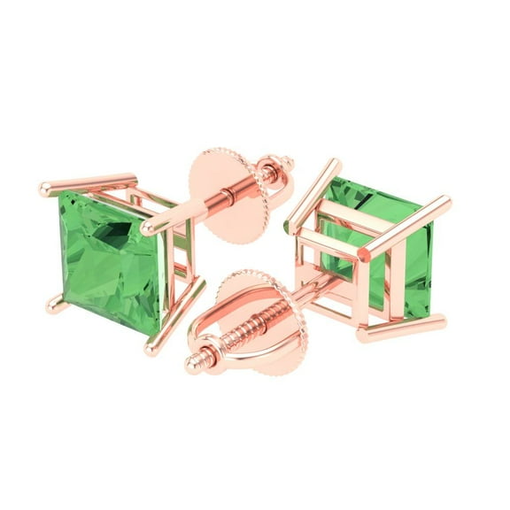 3 Ct Princess Cut Studs Green Crystal 18K Rose Solid Gold Everyday Dainty Earrings Screw Back