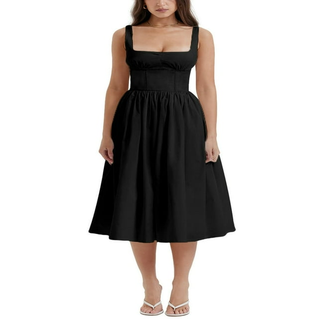Femmes Été Sans Manches Couleur Unie Taille Haute Midi Robe de Cami