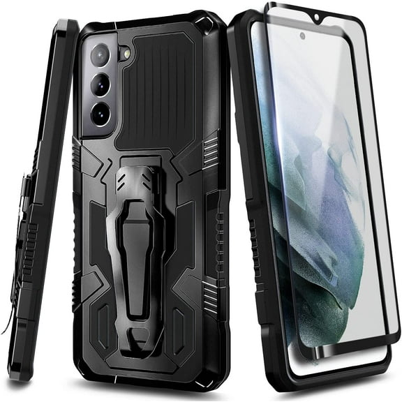 Nagebee Case for Samsung Galaxy S21 FE 5G with Tempered Glass Screen Protector (Full Coverage), Belt Clip [Built-in Kickstand], Dual Layer Full Body Shockproof Protective Rugged Defender Case (Black)