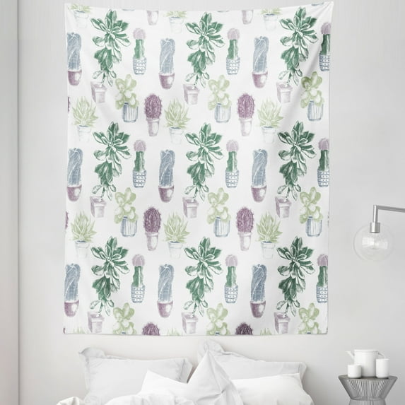 Cactus Tapestry, Mexican Local Flora Succulents Indigenous Foliage in Flower Pots Domestic Flora Art, Fabric Wall Hanging Decor for Bedroom Living Room Dorm, 5 Sizes, Multicolor, by Ambesonne