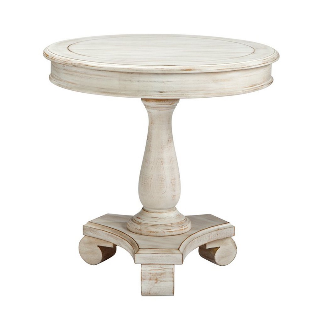Wooden Round Accent Table with Pedestal Base, Antique White Walmart