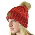 thumbnail image 2 of C.C Thick Cable Knit Faux Fuzzy Fur Pom Fleece Lined Skull Cap Cuff Beanie, Center Patch Red, 2 of 4