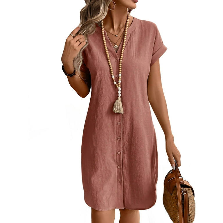 Women Linen Dress Spring Summer Casual Cap Sleeve V Neck Midi Button Down  Shirt Dresses Peach S - Walmart.com