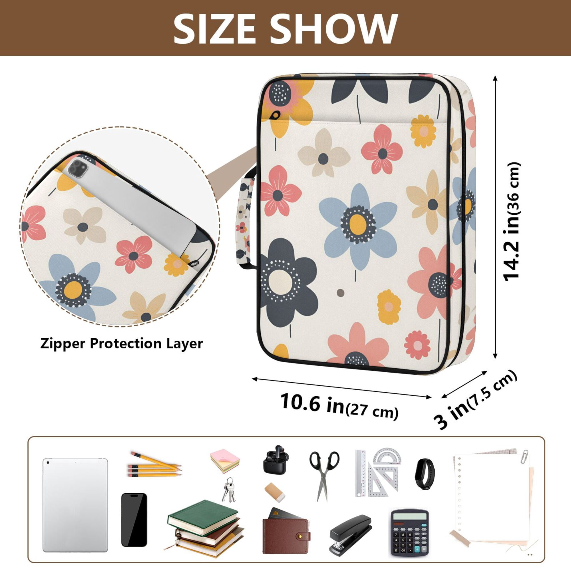 FORMRS Accordion File Folder A4 Size 7-Pocket Expanding Document Organizer Bag with 3 Ring Binder, Beige Retro Flower