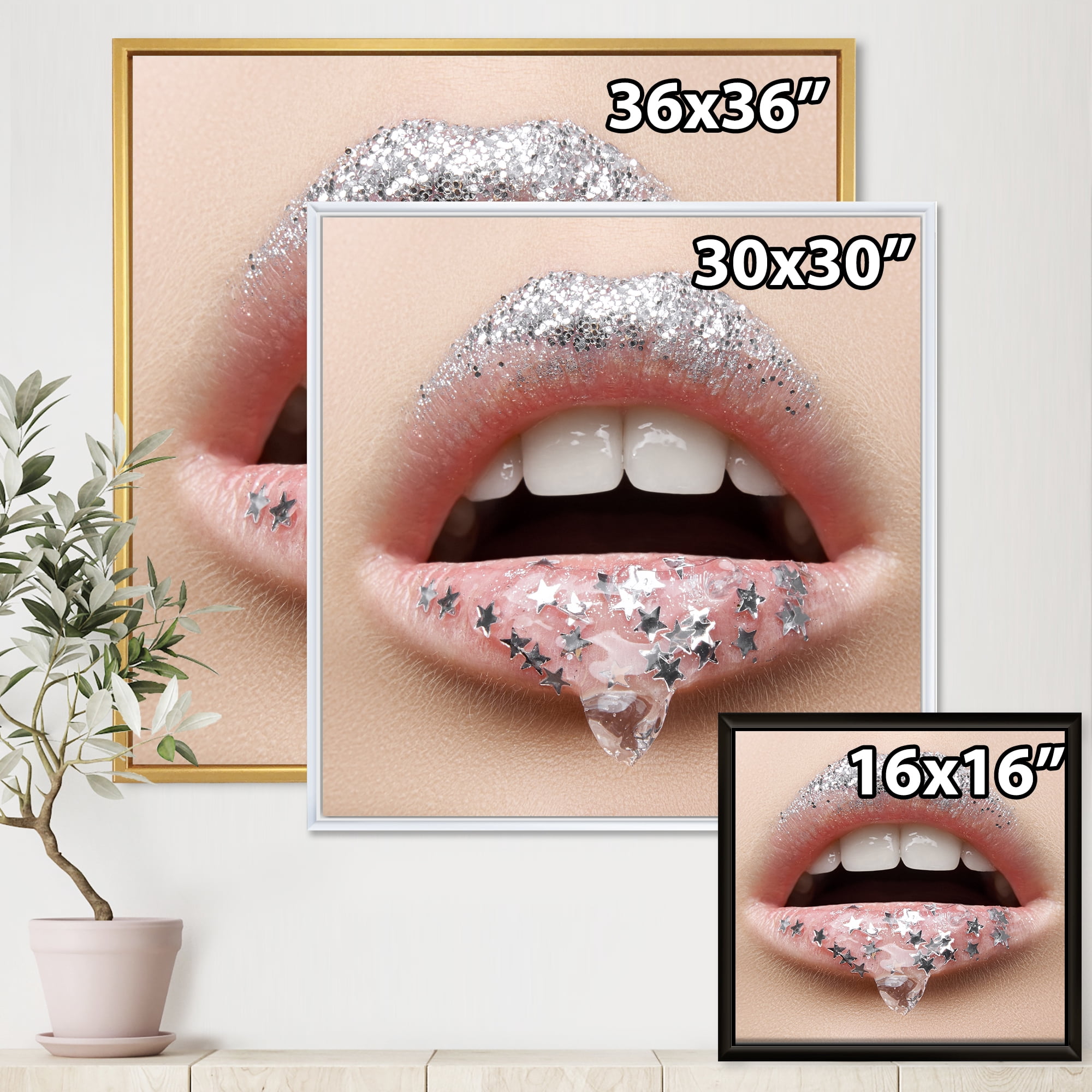 Designart 'Woman Lips With A Gel On The Lips & Stars' Modern Framed Canvas Wall Art Print