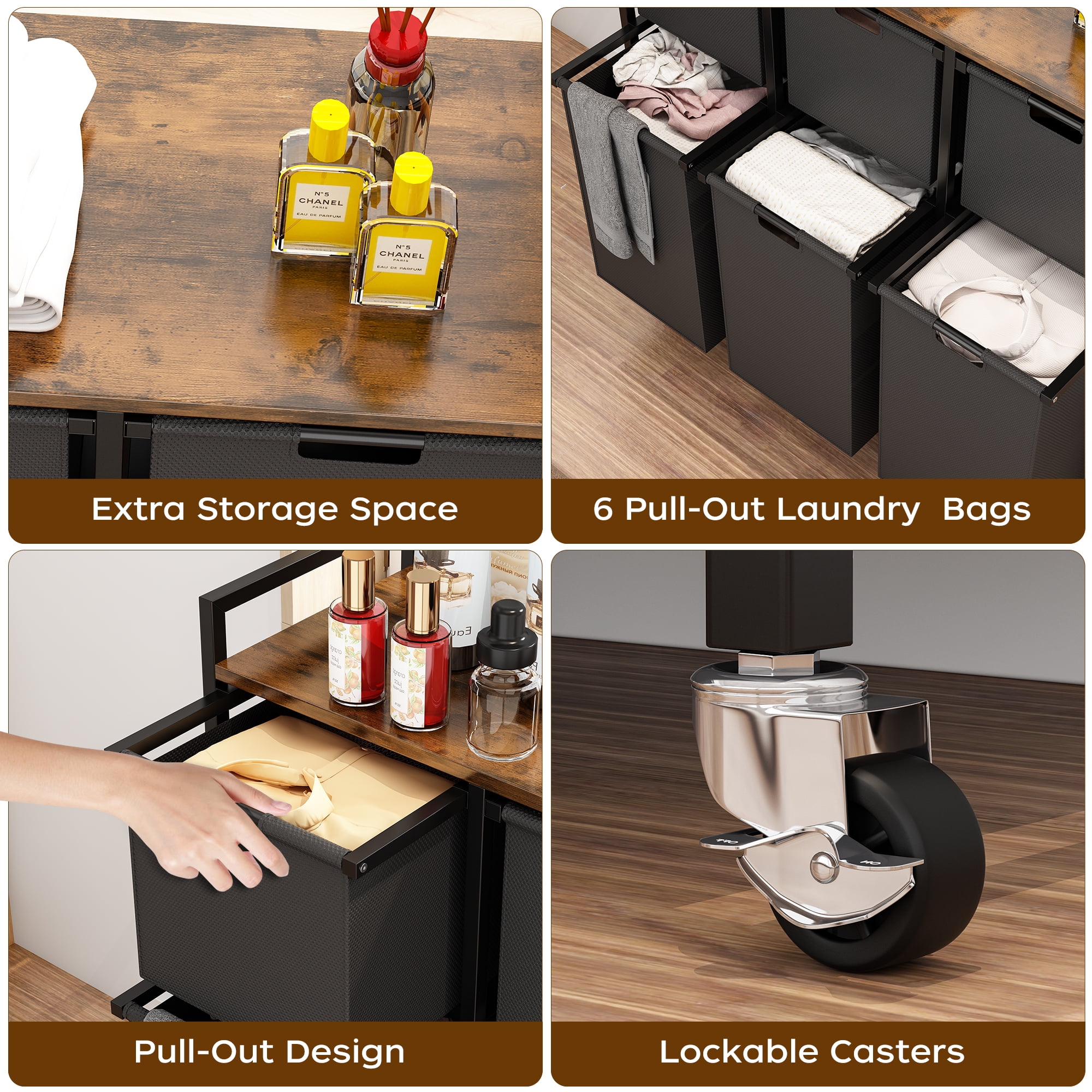 Laundry Basket with Wheels, Rolling Laundry Hamper Organizer with Large Desktop, Laundry Sorter with 6 Pull-Out and Removable Laundry Bags, Metal Frame, Rustic Brown and Black