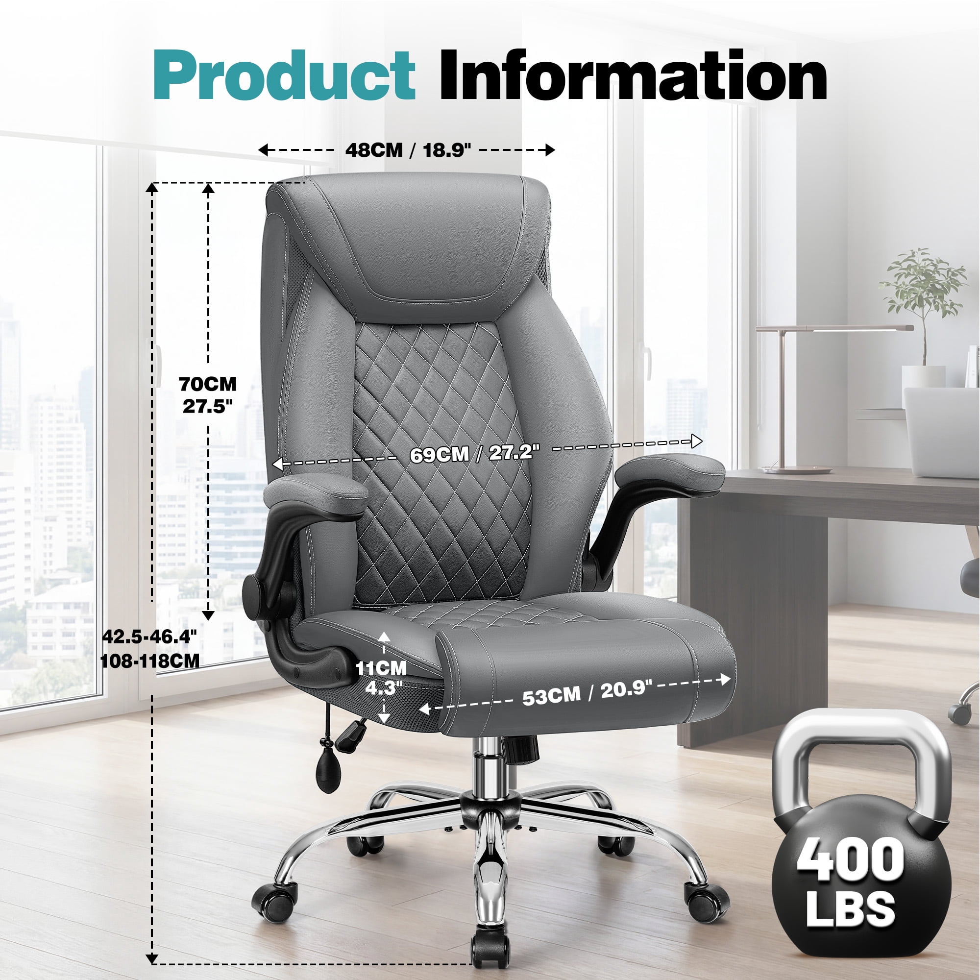 ATHOPE Leather Office Chair, Executive Desk Chairs with Flip-up Padded Armrests, Big and Tall Office Chair with Wheels, Ergonomic Computer Chair with Lumbar Support for Home Office, Gray