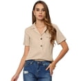 thumbnail image 1 of Blusa de algodón de lino para mujer Camisa de manga corta con cuello holgado informal Caqui claro S, 1 of 5