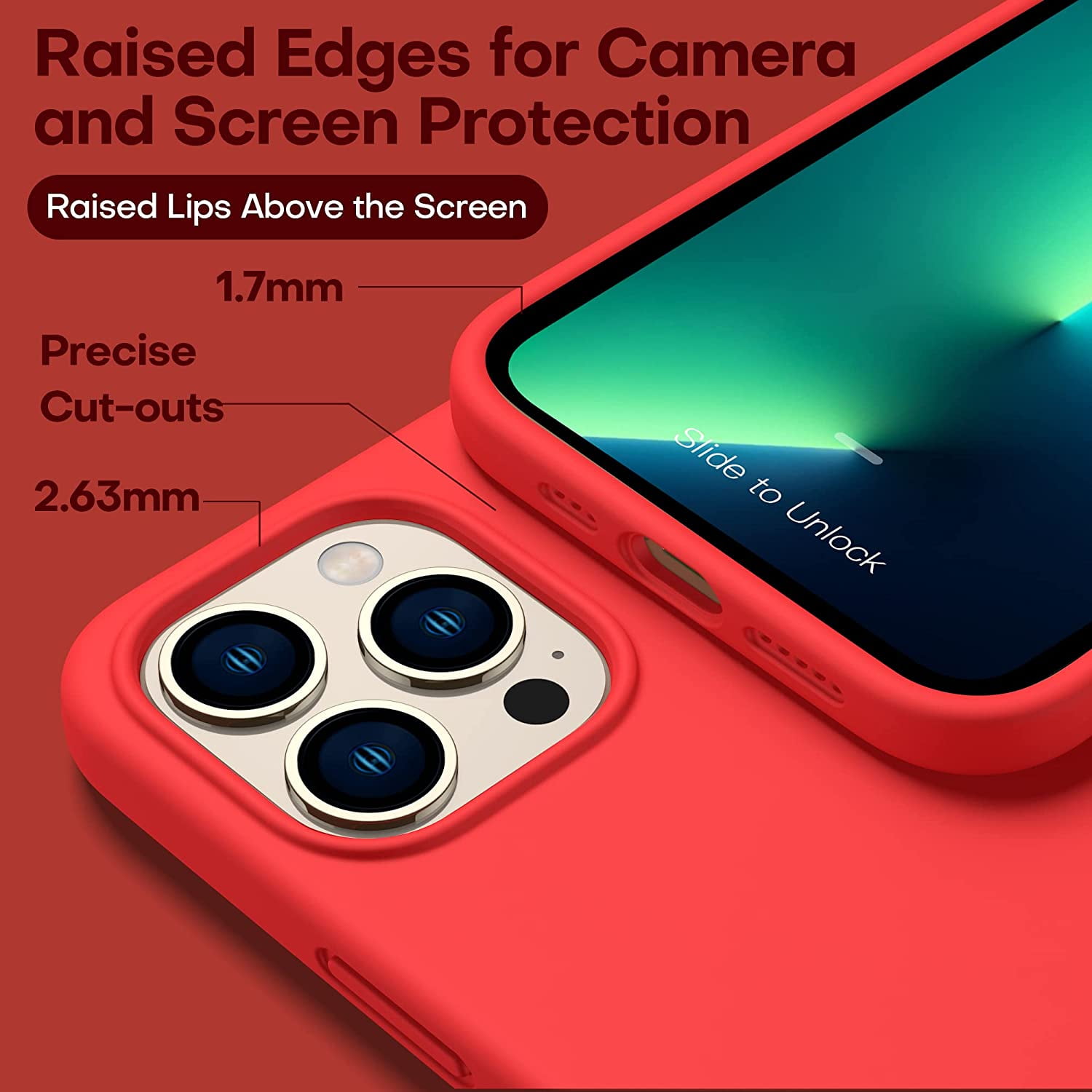 CellEver Heavy-Duty Silicone Case for iPhone 13 Pro Max - Two Shatterproof Glass Screen Protectors, Military Drop Protection, Scratch-Free Interior, Bright Red