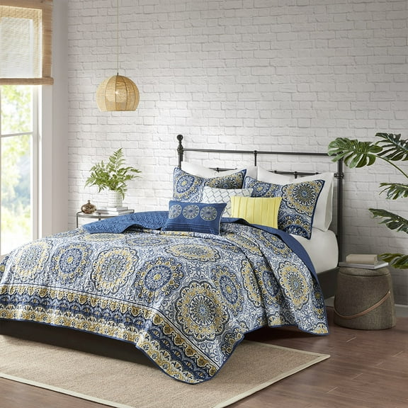 Madison Park - Tangiers 6 Piece Coverlet Set - Blue - Full/Queen - Medallion - Includes 1 Coverlet, 2 Shams, 3
