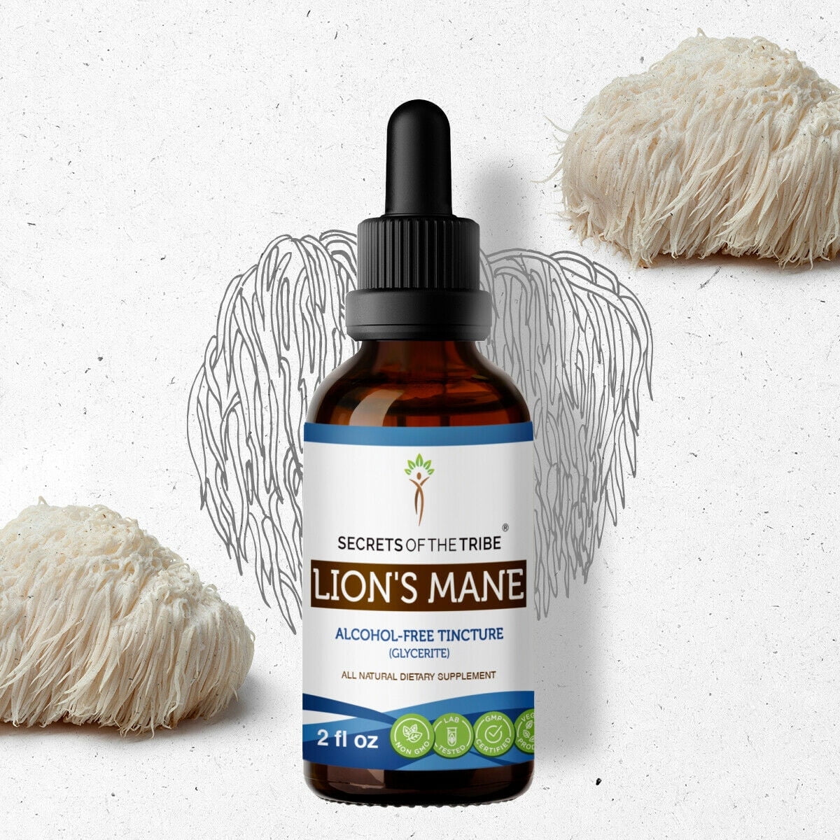 Secrets Of The Tribe Lion's Mane Tincture Dietary Supplement, Natural Herbal Extract for Cognitive Support, Lion's Mane (Hericium erinaceus) Dried Mushroom, Alcohol-Free Extract, Drops 2 oz