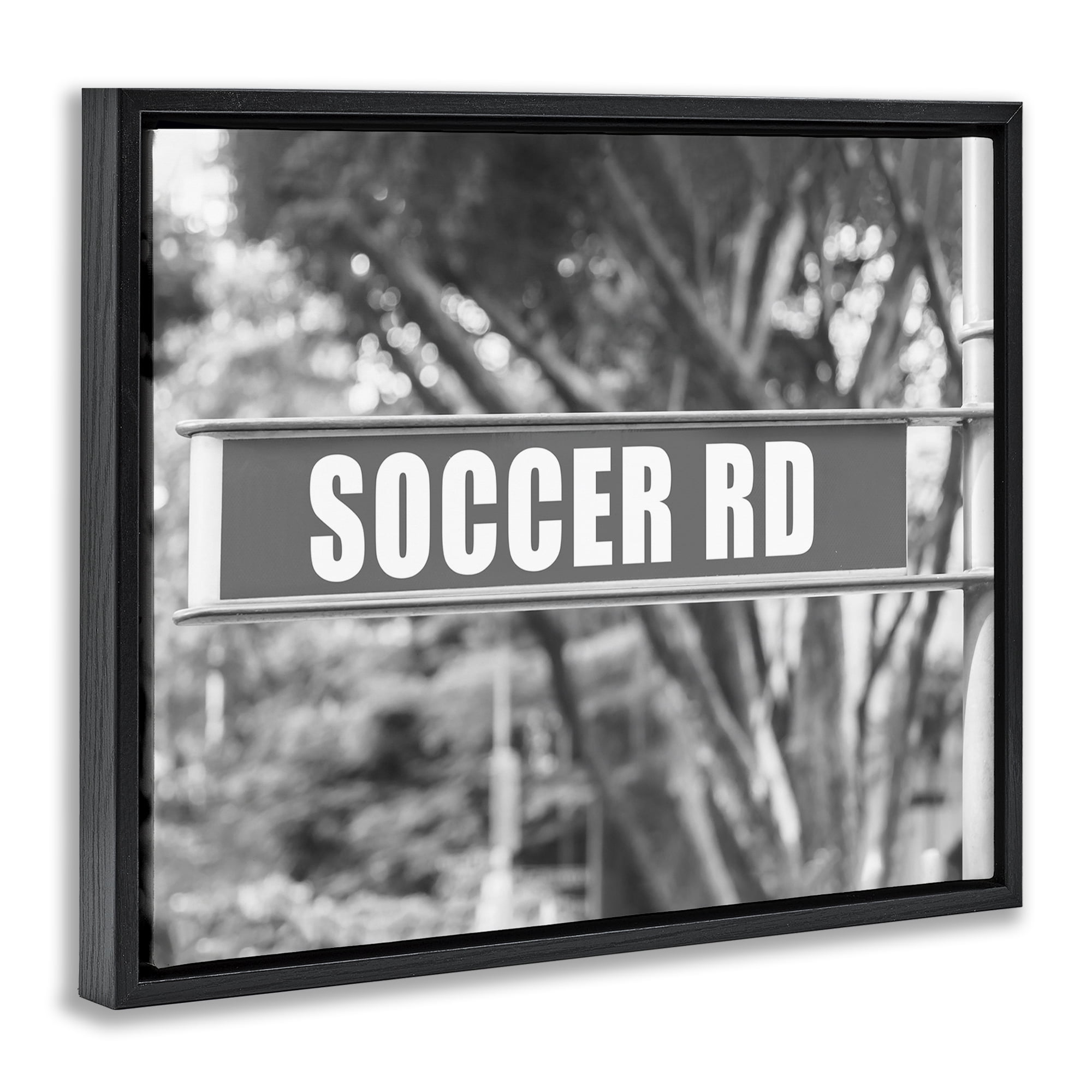 Stupell Industries Soccer Road Sign Sports Photography Black Floater Framed Canvas Art Print Wall Art, 21 x 17