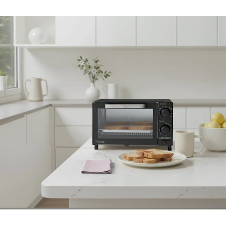 Mainstays 4 Slice Countertop Toaster Oven with 3 Settings, Includes Baking Rack and Pan, Black, New