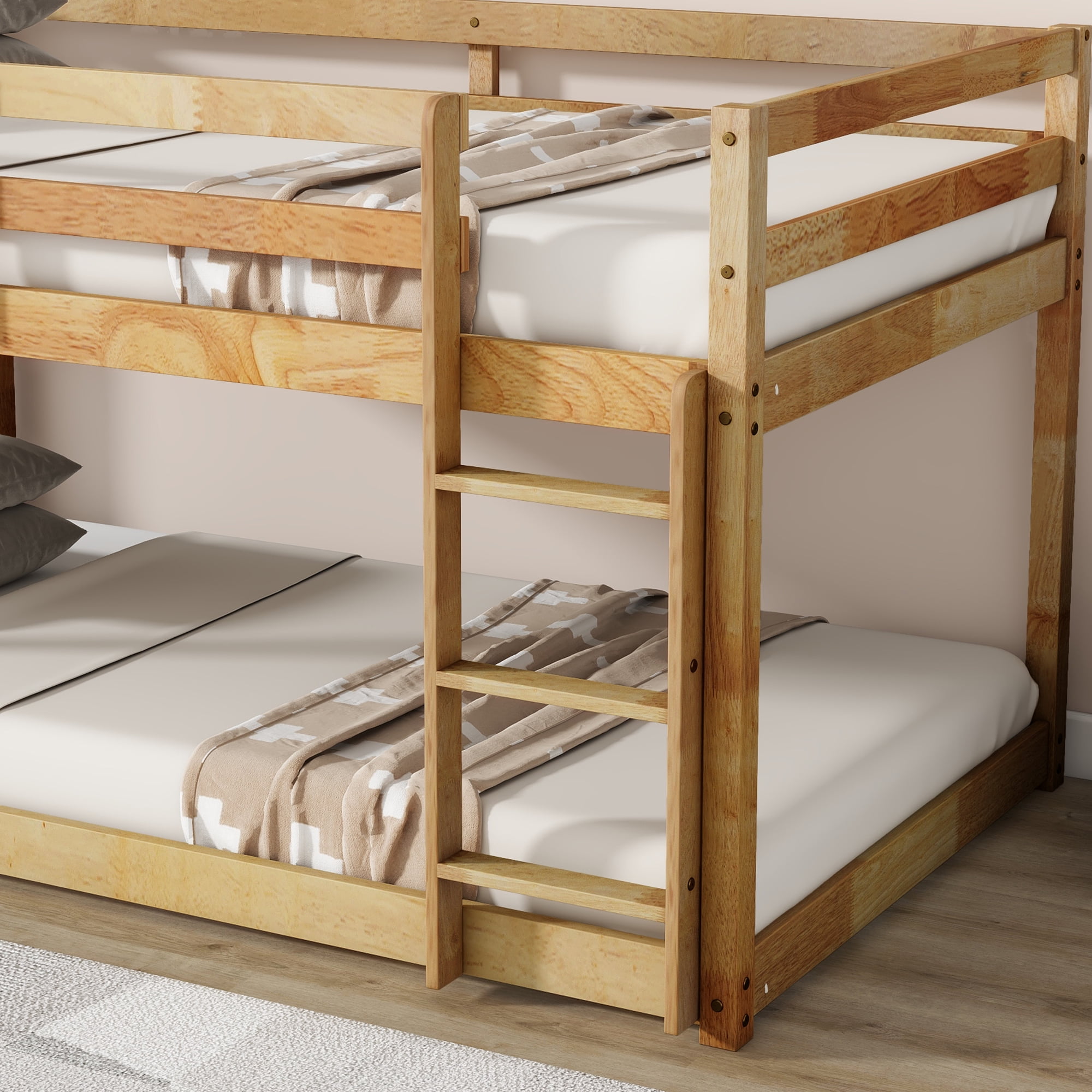 Sailvan Floor Bunk Bed Twin Over Twin, Solid Wooden/Solid Rubber, Upper Bed Platforms crafted with Strengthened Slats