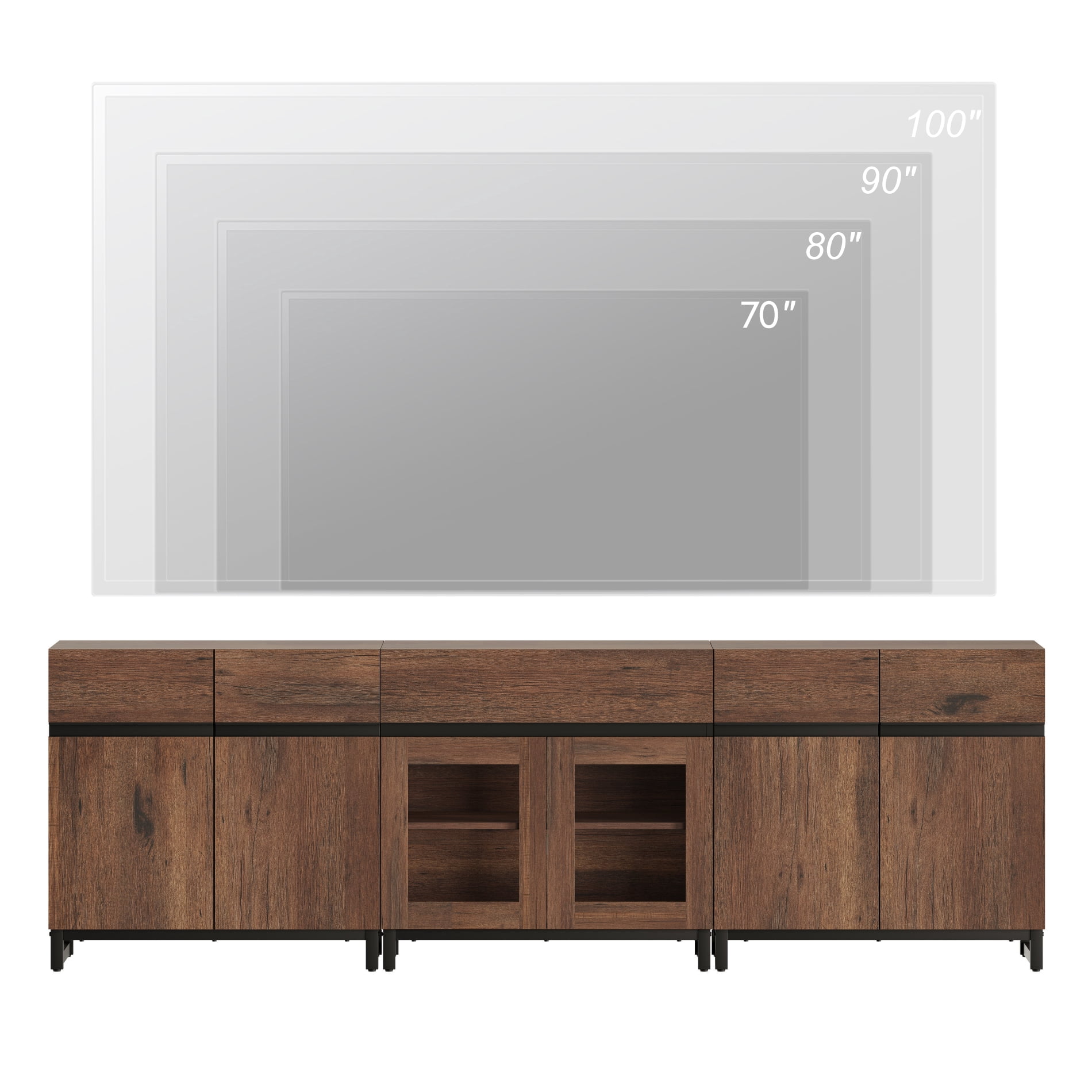 WAMPAT 3-in-1 Modern Entertainment Center TV Stand for TVs up to 100 Inch, with Metal Base & 2 Adjustable Shelves, Living Room TV Console, Brown