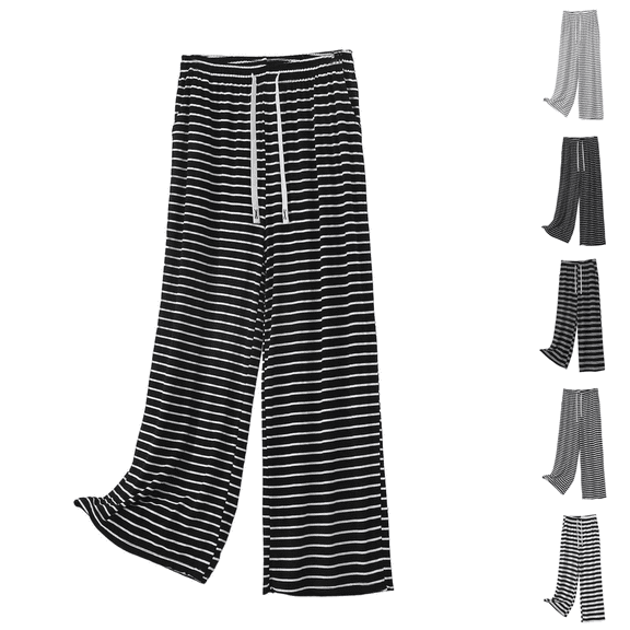 Yuanlook Women Plus Size Classic Horizontal Stripe Wide Leg Loungewear Pants, Self Fabric Tie Pull-On Waist Hidden Side Hand Pockets Relaxed Daily Bottoms S-5XL