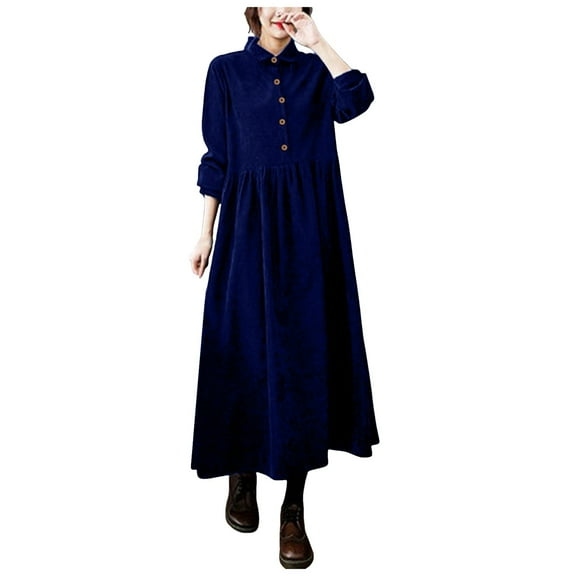 Juosiy Women's Fall and Winter New Elegant Long Sleeve Dresses Casual Solid Color Button-up Corduroy Lapel Long Dress