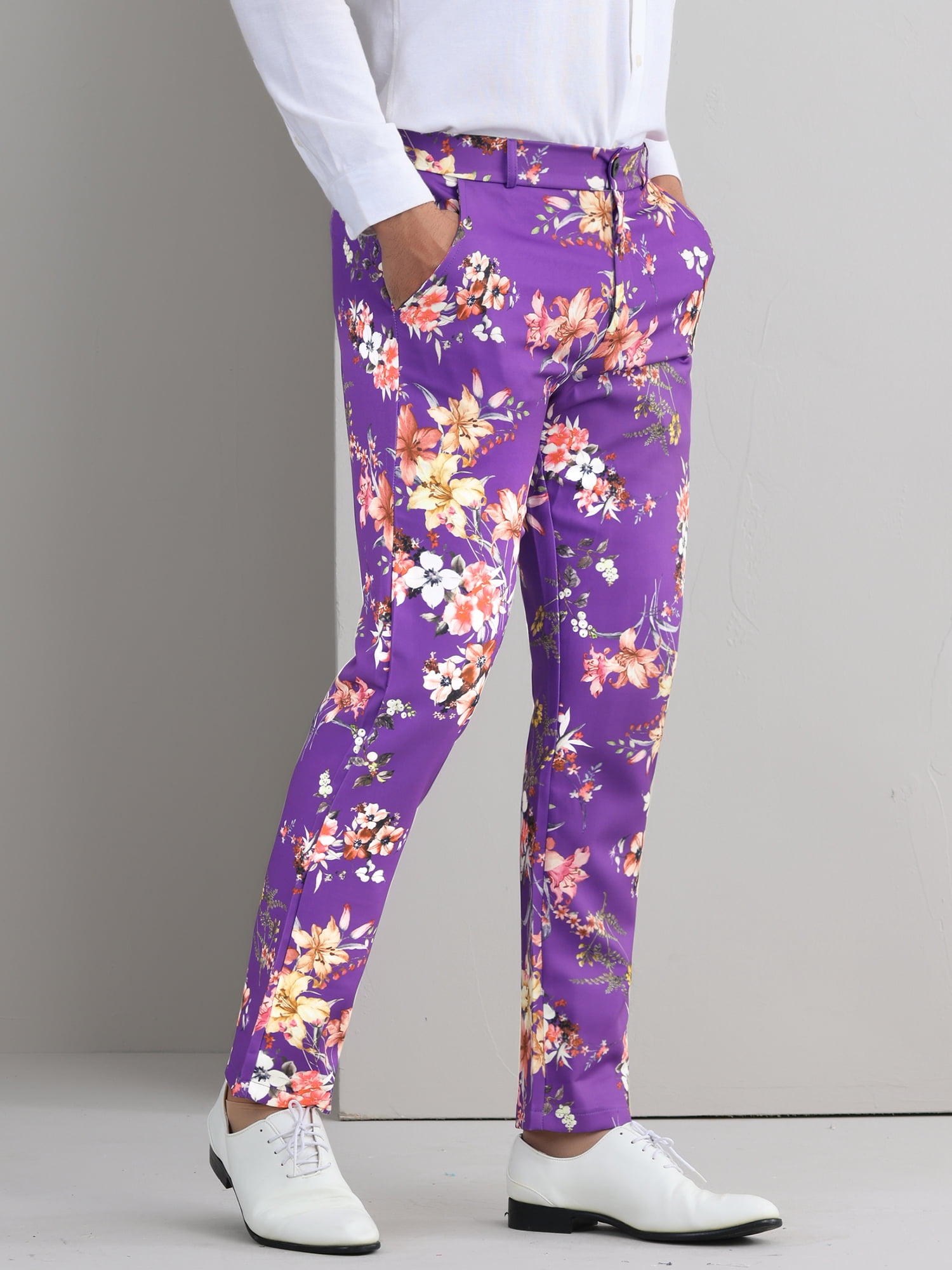 DARING DIVA Men's Floral Printed Contrasting Colors Flat Front Pants 32 Purple